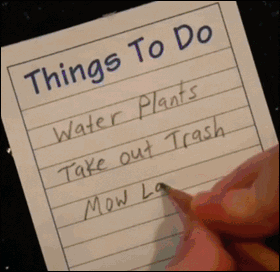 A human writes a to do list and hands it to their dog who does each item; water plants, take out trash, mow lawn