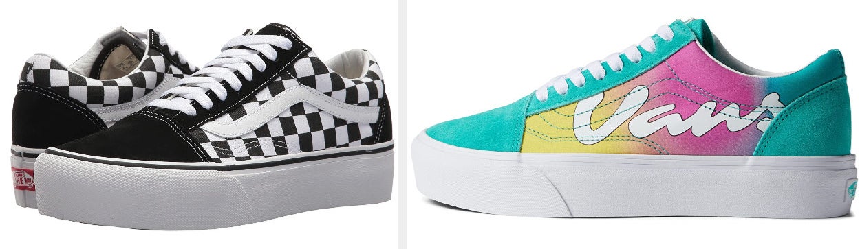 Two images of Vans platform sneakers, one checkered and the other various pastel colors