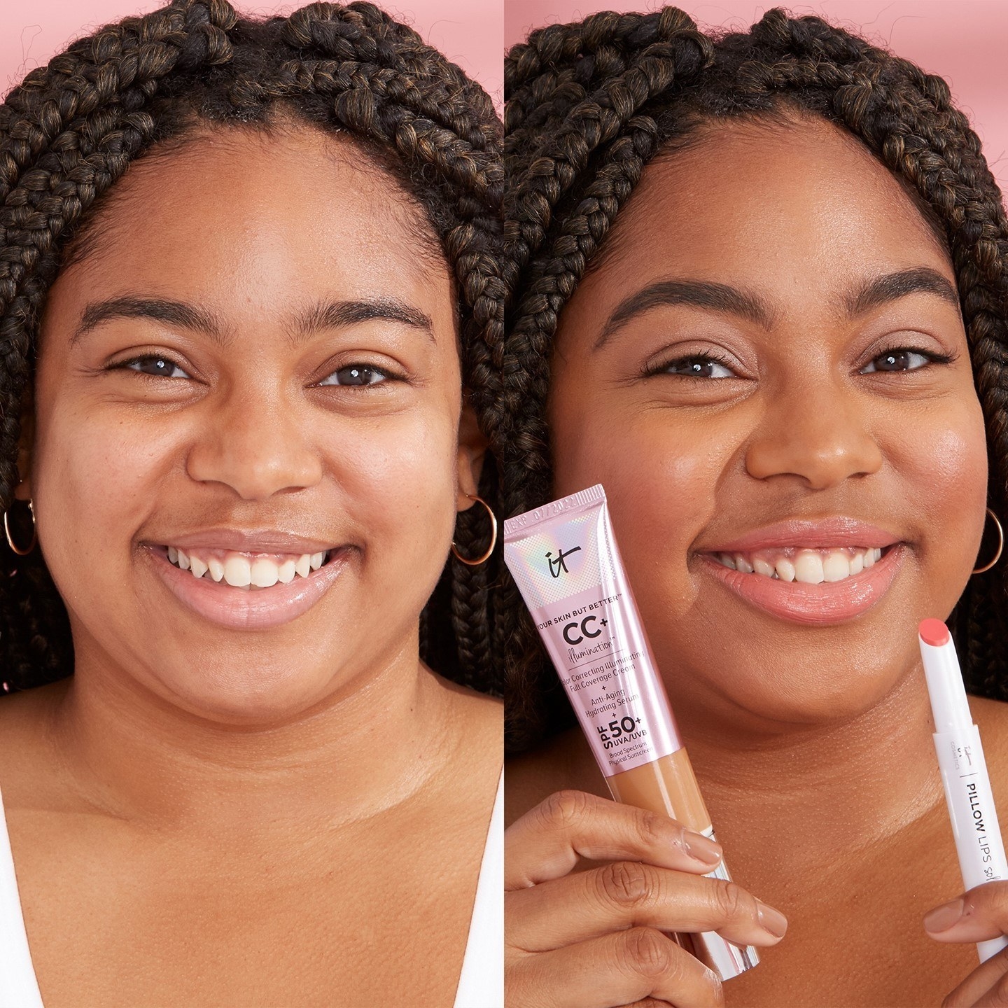 model before and after wearing the cc+ cream illumination, looking radiant afterward