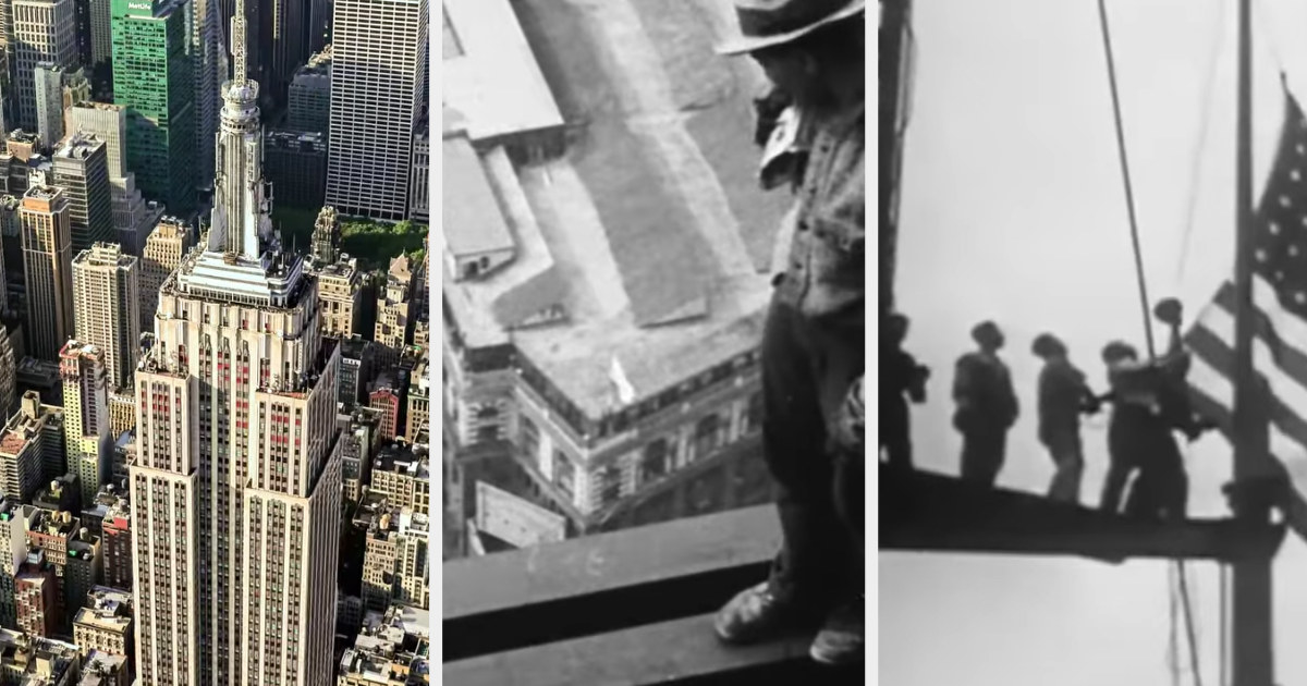 Left: the finished Empire State Building is seen from an aerial view, middle: an Empire State Building construction worker stands on a beam overlooking New York City, right: a group of Empire State Building construction workers raise an American flag