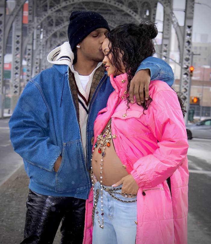 ASAP kissing Rihanna's head as they stand outside