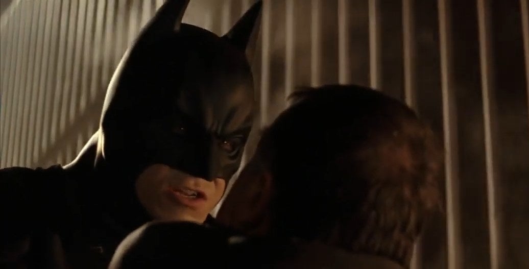 Batman holding Carmine Falcone in &quot;Batman Begins&quot;