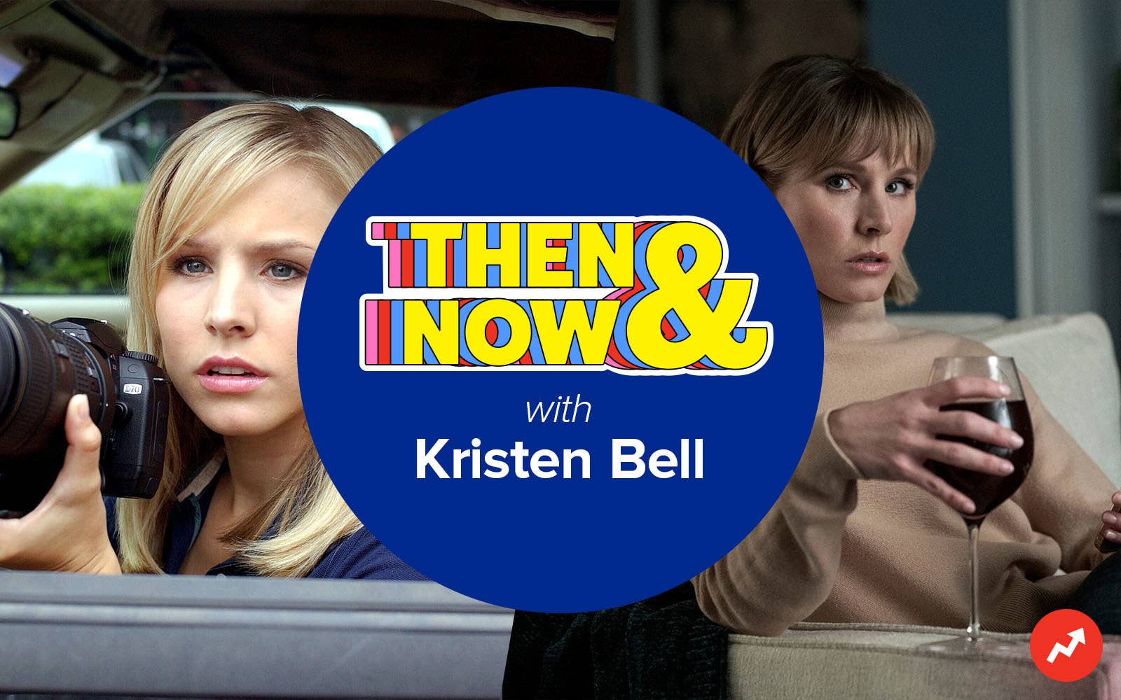 A Then and Now graphic with Kristen featuring two photos of the actress