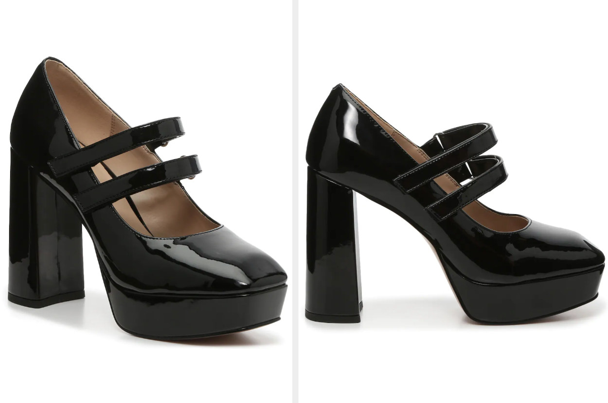 Two images of the black Mary Jane platform heels