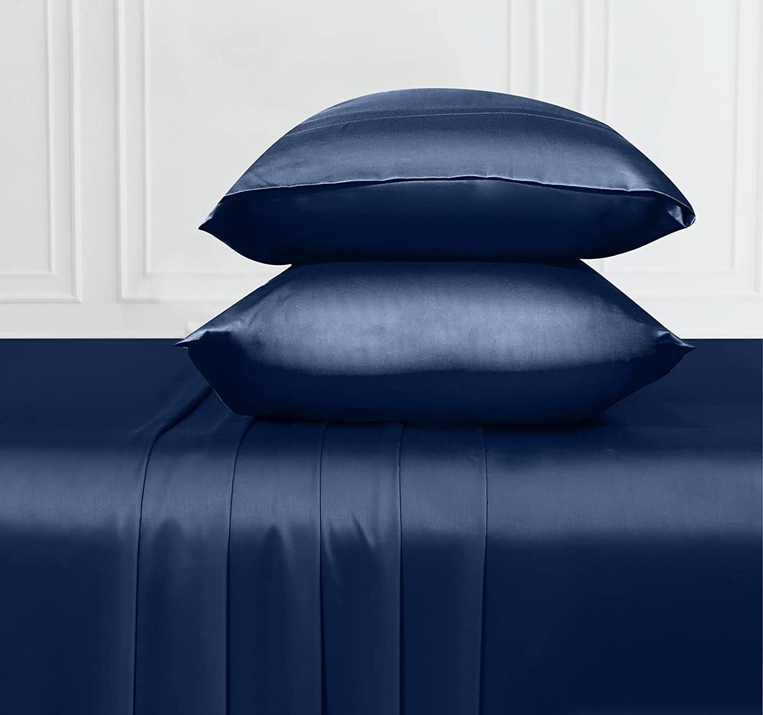 navy blue bamboo sheets with two pillows