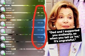 Screenshot of several missed calls from mom; Lucille Bluth from "Arrested Development"