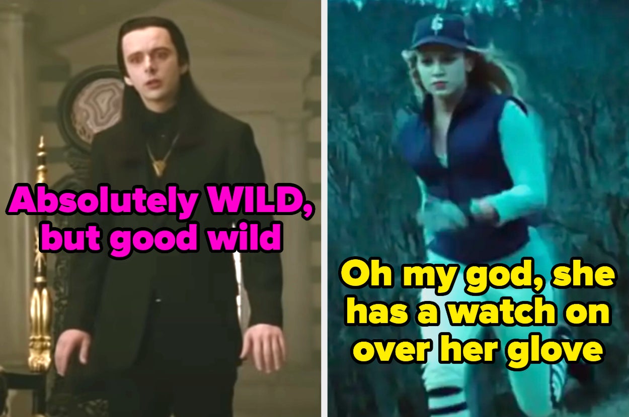 Good wild written over Aro from Twilight New Moon wearing a suit over a shirt with a high collar and a necklace and She has a watch over her glove written over Rosalie from Twilight wearing baseball pants, a long sleeve shirt, a vest, gloves, and a hat