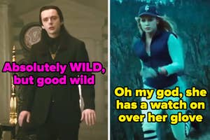 Good wild written over Aro from Twilight New Moon wearing a suit over a shirt with a high collar and a necklace and She has a watch over her glove written over Rosalie from Twilight wearing baseball pants, a long sleeve shirt, a vest, gloves, and a hat