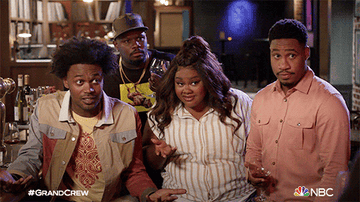 Noah (Echo Kellum), Nicky (Nicole Byer), and Anthony (Aaron Jennings) sit in front of a bar raising their eyebrows