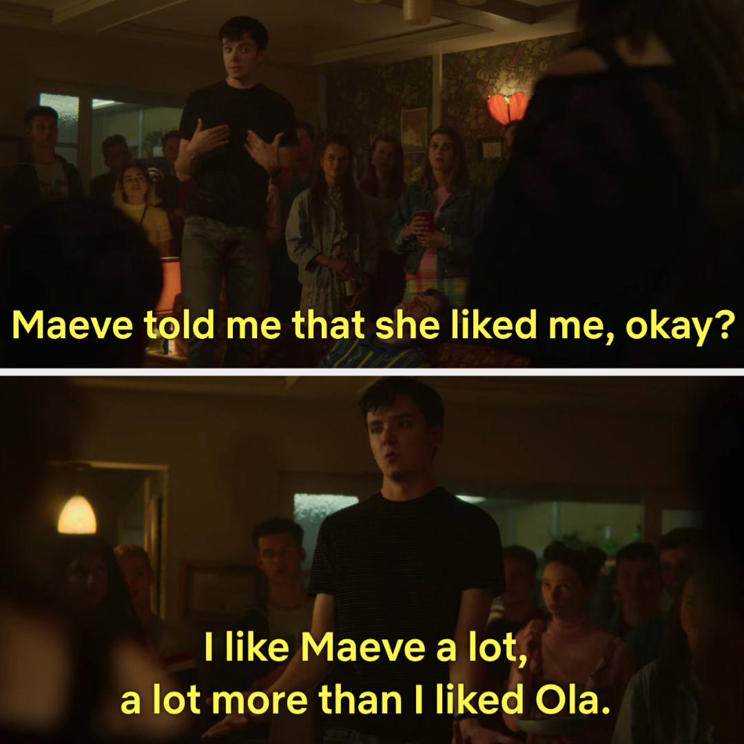 Otis tellling a crowd of people that Maeve told him she liked him and that he like her more than he liked Ola