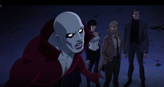 Deadman hovering in the air with Zatanna, John Constantine, and Jason Blood in the background in &quot;Justice League Dark&quot;