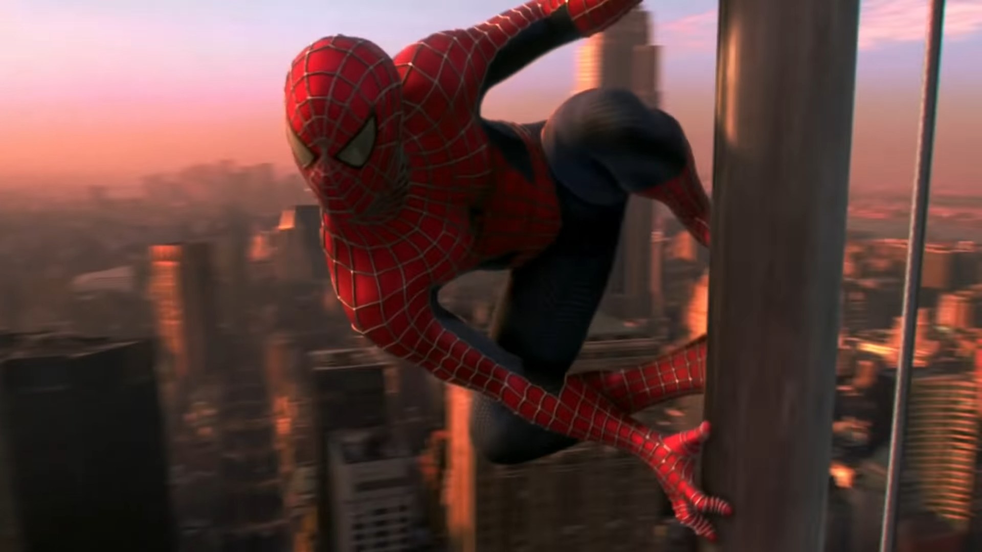 Spider-Man latched onto a flagpole in &quot;Spider-Man&quot;