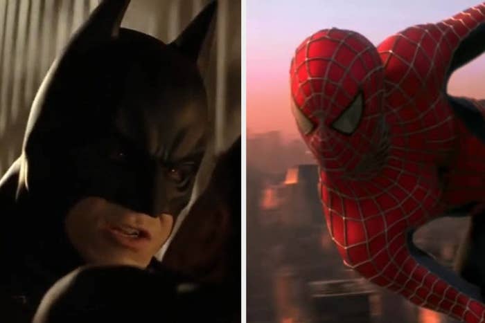 Batman holding Carmine Falcone in &quot;Batman Begins&quot;/Spider-Man latched onto a flagpole in &quot;Spider-Man&quot;
