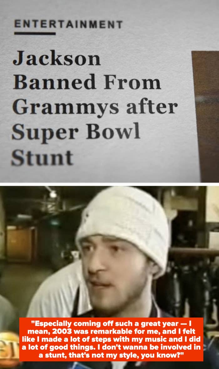 Newspaper headline that reads: &quot;Jackson Banned From Grammys after Super Bowl Stunt;&quot; Timberlake &quot;defending&quot; himself in a 2004 interview, saying it wasn&#x27;t his style to be involved in a &quot;stunt&quot;