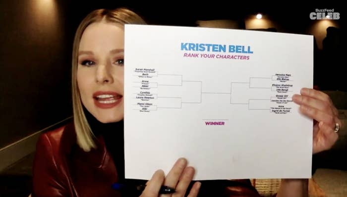 Kristen holding up a tournament bracket for her characters