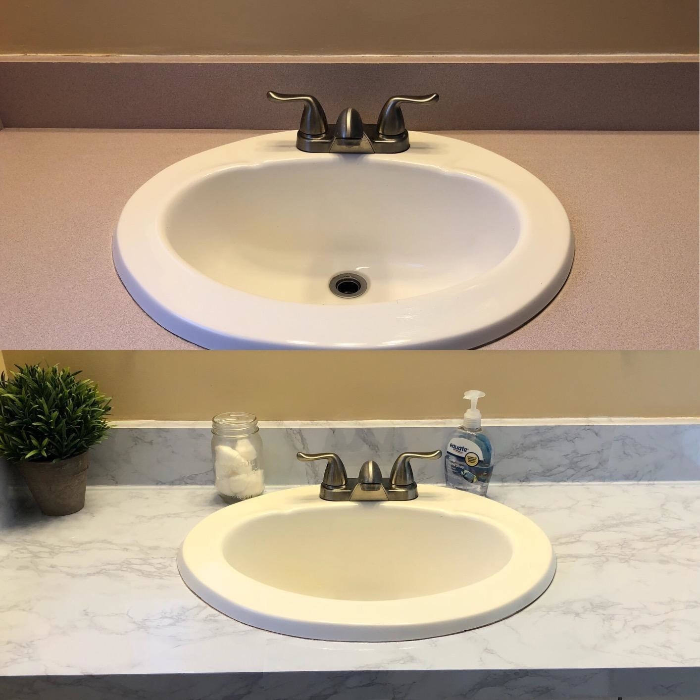 before and after photo of a reviewer&#x27;s pink bathroom vanity covered in white marble contact paper