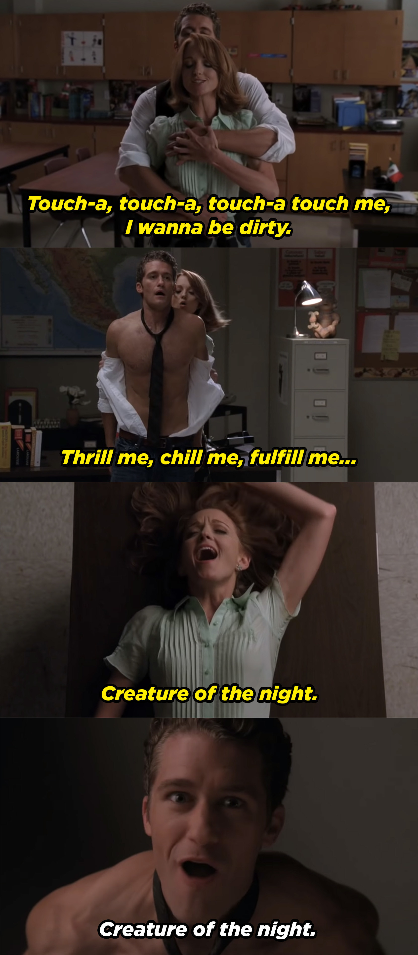 Emma rips off Mr. Schue&#x27;s shirt as they sing &quot;Touch-a Touch-a Touch Me&quot;