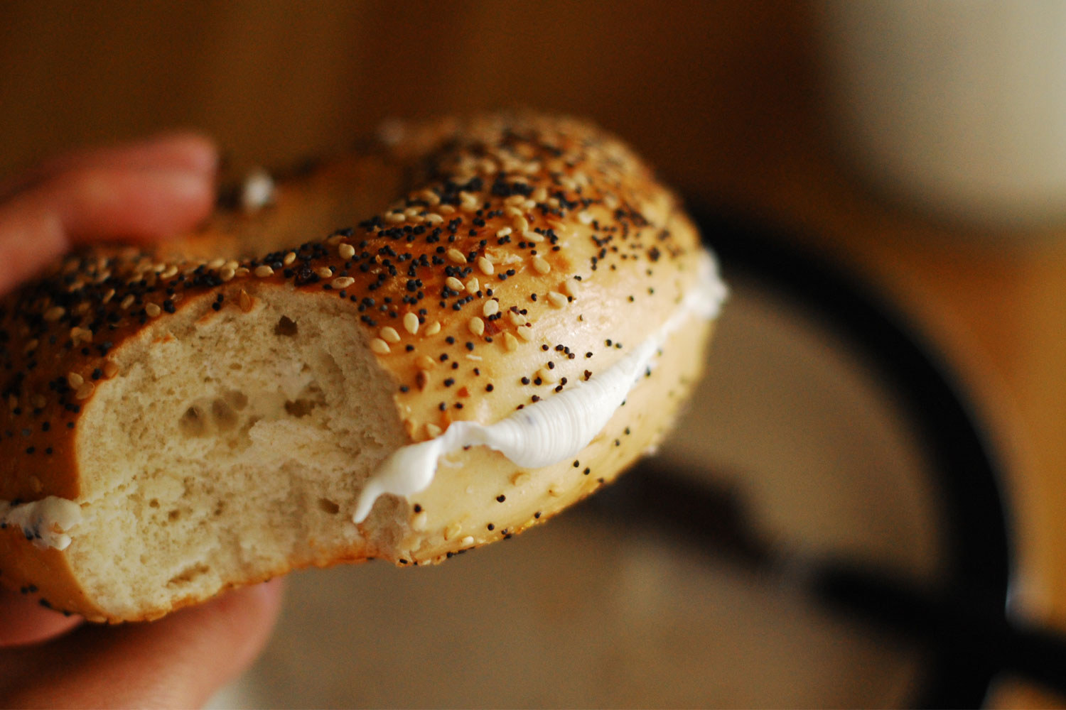 An everything bagel with cream cheese.