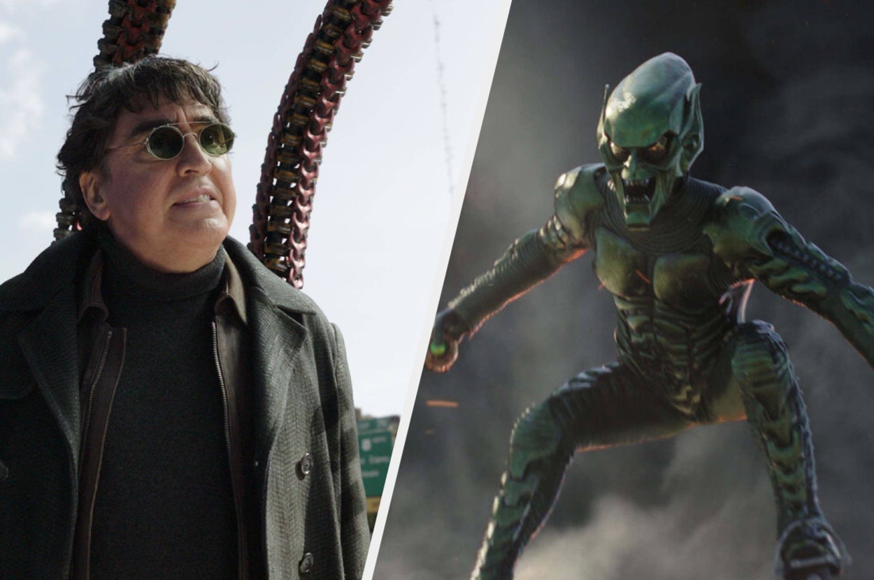 split image of two characters from the spider man movie series on the left is Doc Ock and on the right is the green goblin 