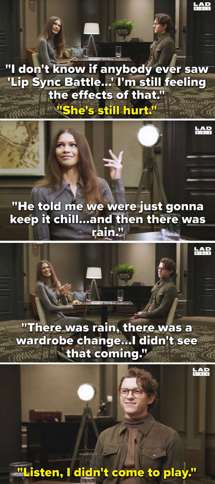 Zendaya revealing that Tom said they would keep it chill and she didn&#x27;t see the rain or wardrobe change coming