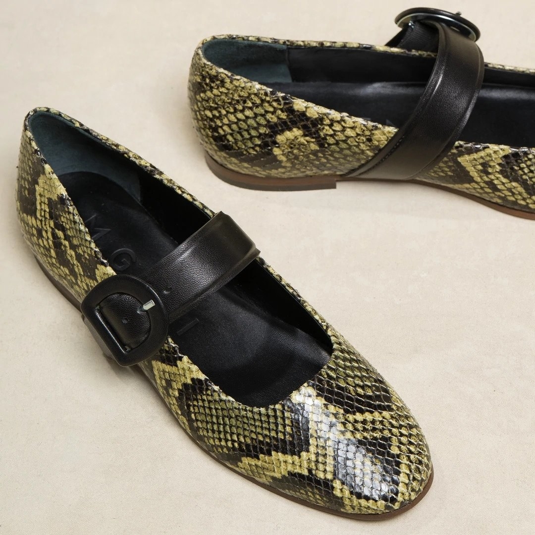 snake print shoe with oval toes and buckle strap on top