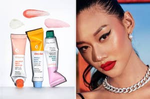 L: three glossier balm dotcom tubes R: model with red lips and dramatic cat-eye liner