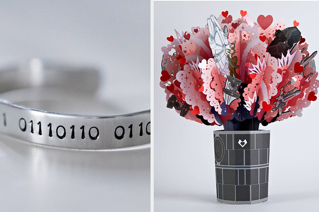 left: silver binary code bracelet. right: star wars red heart paper bouquet.