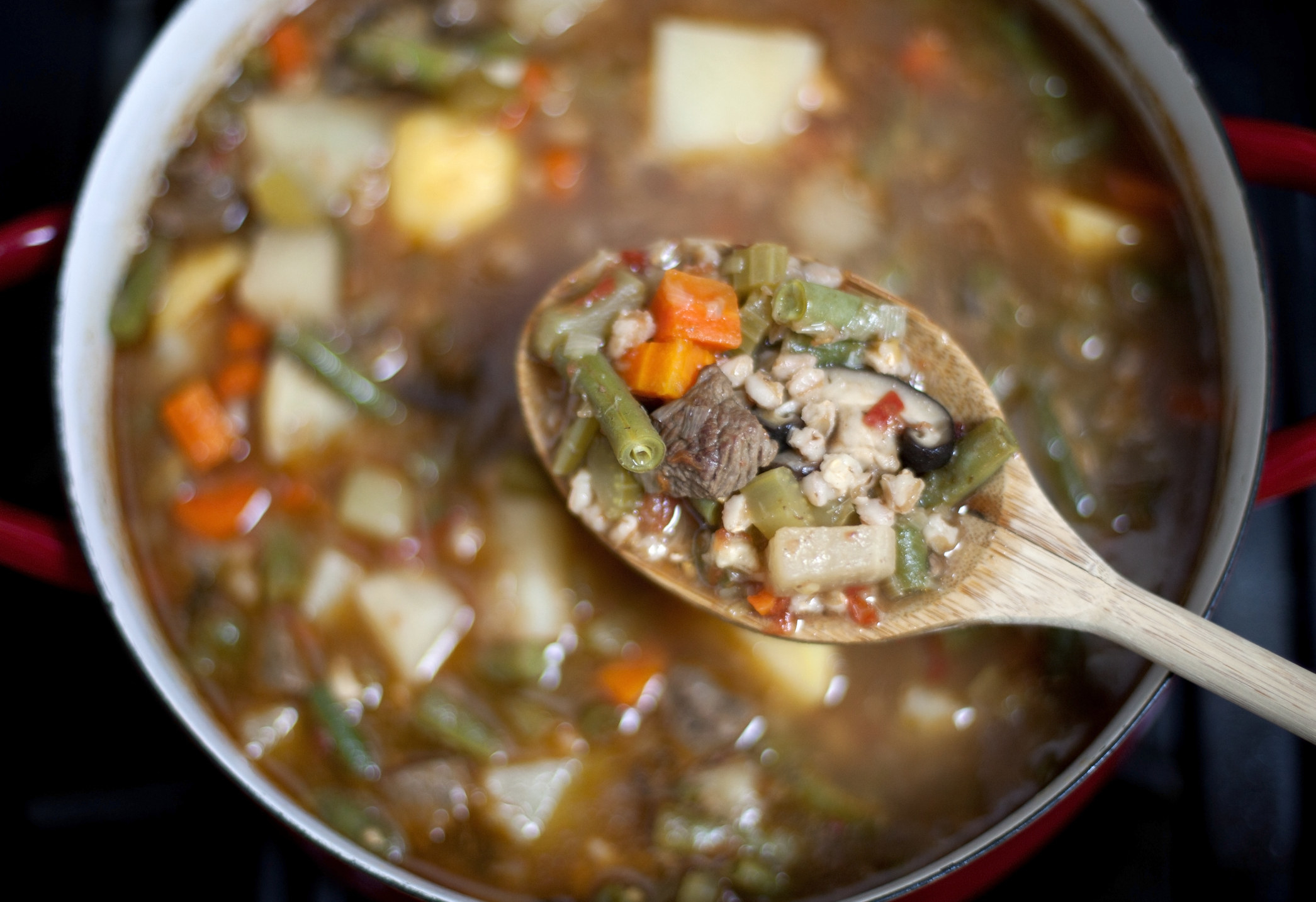 Homemade beef, barley, and vegetable soup.