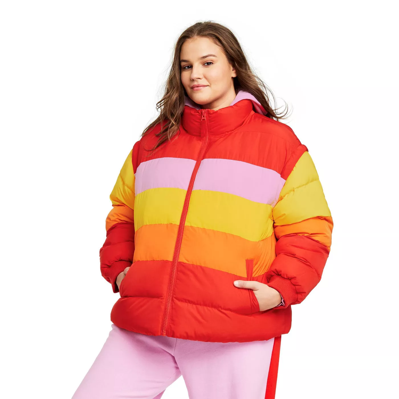puffy jacket with lines of orange, yellow, pink, and red