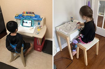 left: little boy sitting at art desk watching something on tablet. right: little girl drawing at minimalist desk and chair
