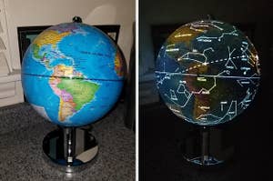 A reviewer's split image photo of the globe in world map form and lit up in constellation mode