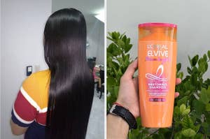 left: reviewer photo of long, silky hair. right: reviewer photo holding orange L'oreal shampoo bottle