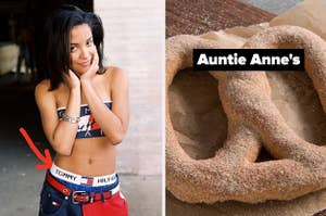 Aaliyah is posing in Tommy Hilfiger with a pretzel on the right labeled "auntie anne's"