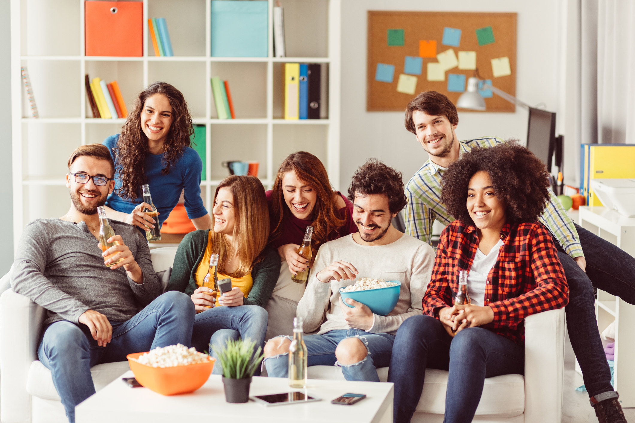 Friends gathered on the couch