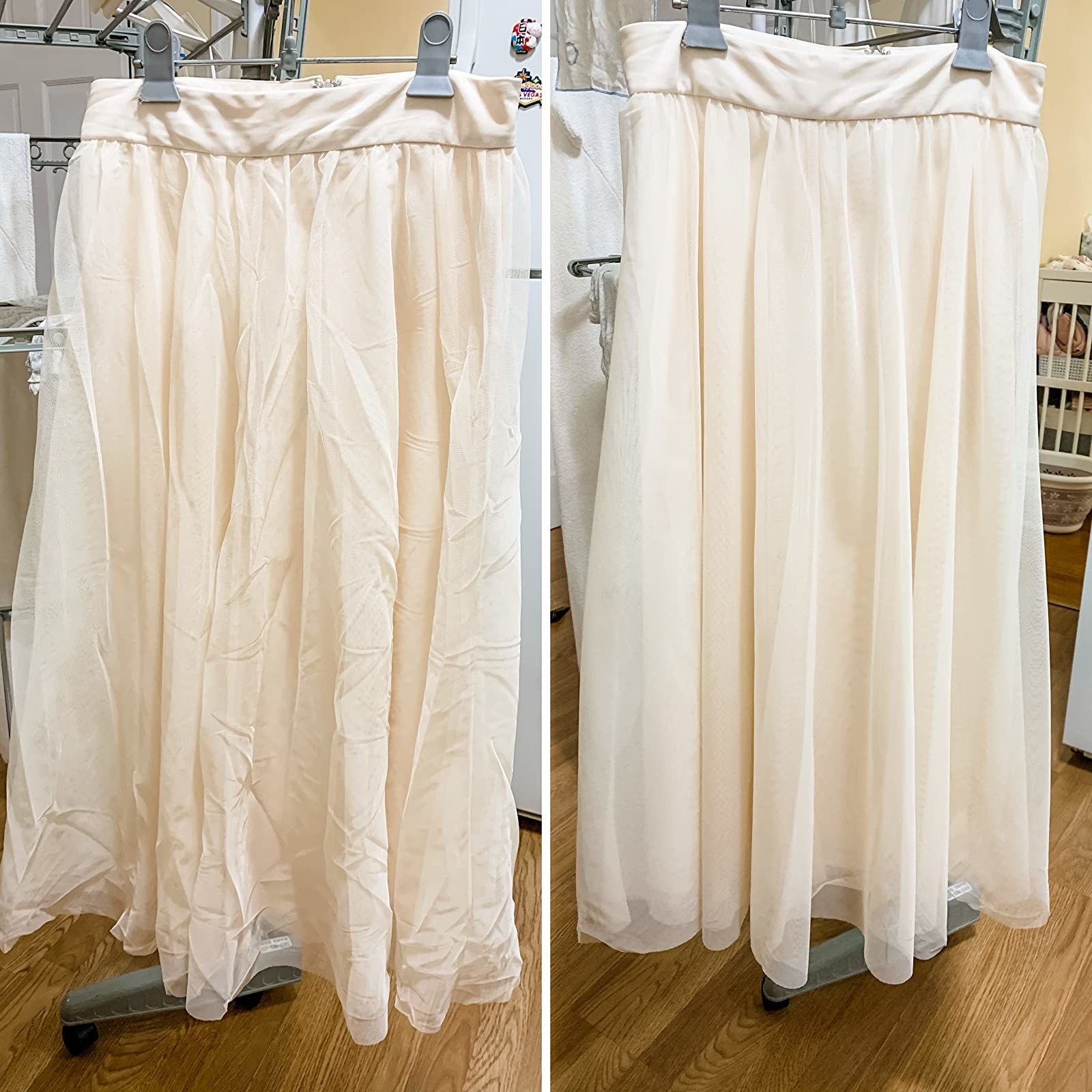 reviewer before and after of a wrinkled tulle skirt becoming wrinkle-free