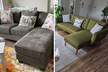 left: reviewer photo of gray couch. right: reviewer photo of green sectional couch