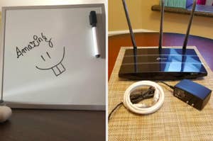 a white board with a smiley face drawn on it and the word "amazing" and a WiFi router with its attachments. 