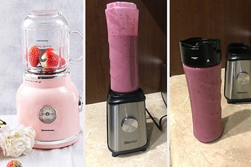 left: pink retro blenders with strawberries in it. middle: blender full of purple smoothie. right: purple smoothie sealed in travel cup