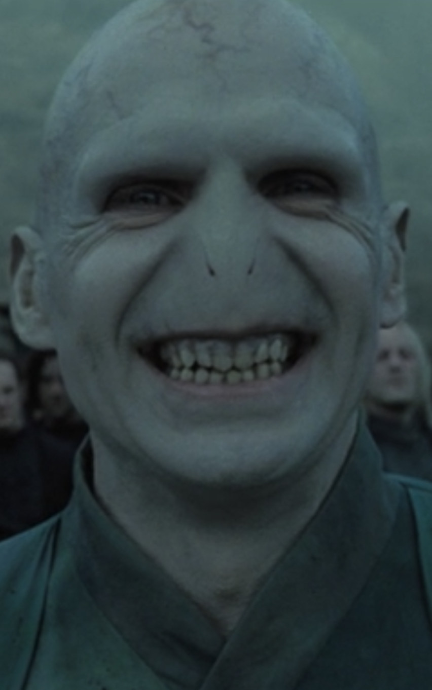 Voldemort laughing at Neville during the Battle of Hogwarts
