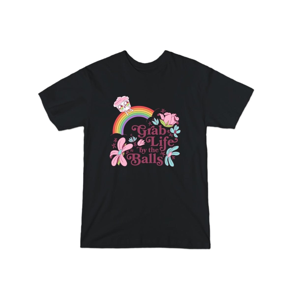 black t-shirt with good advice cupcake on it, &quot;Grab Life by the Balls&quot;