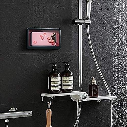 The holder with a cell phone inside of it in a shower