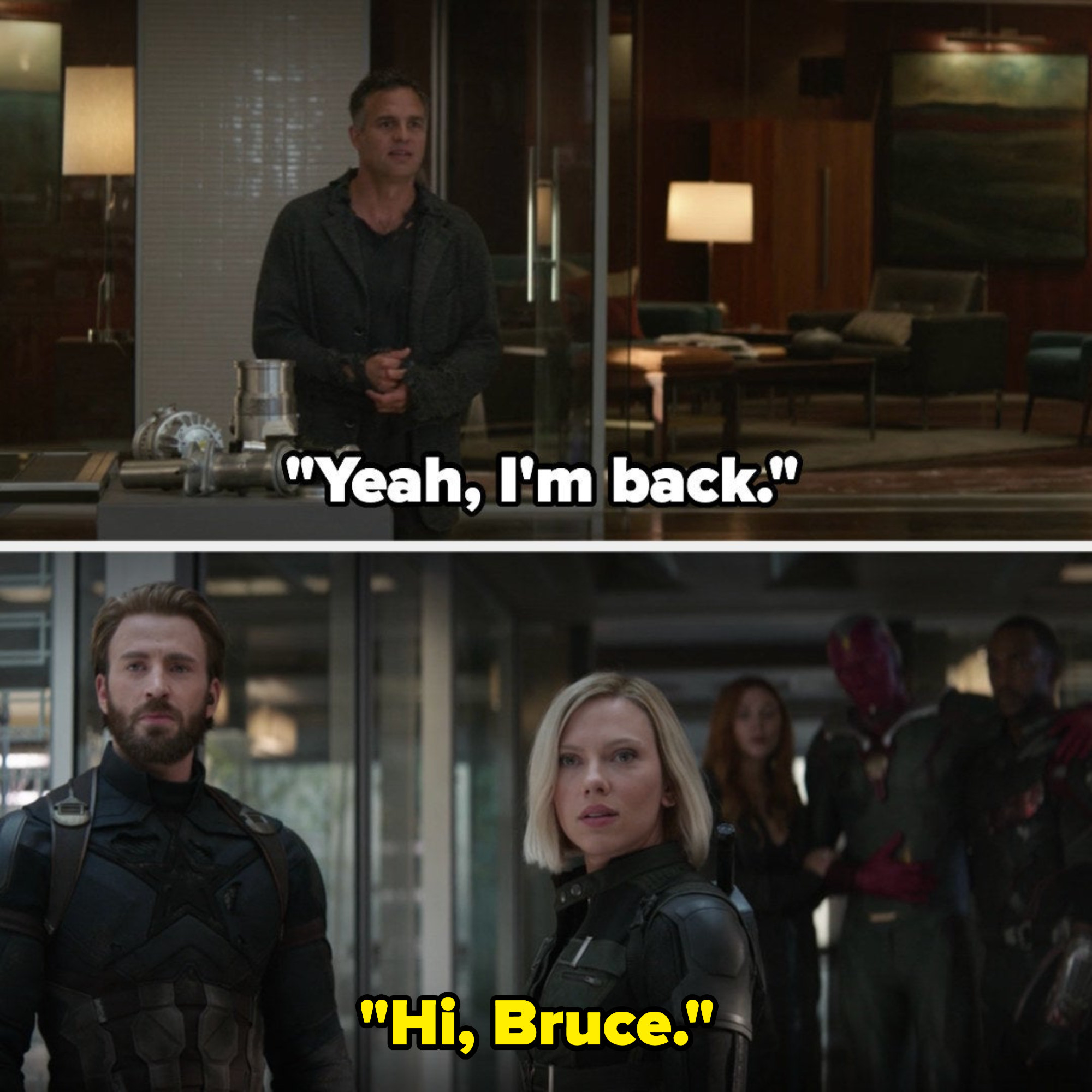 Bruce says he's back and Natasha says hi to him