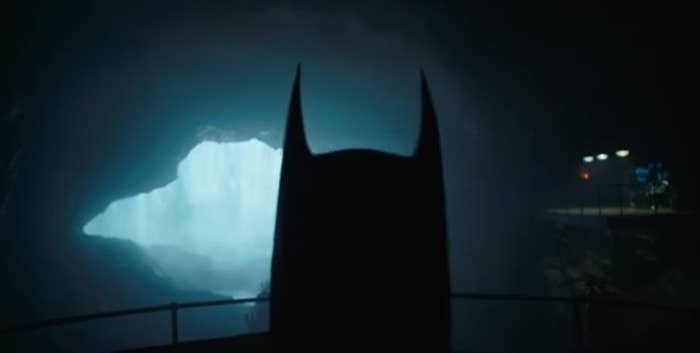 Michael Keaton's Batman, wearing his Batsuit in the Batcave, in