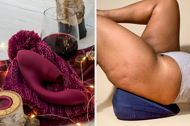 Red dual stimulating vibrator and model stretching on indigo wedge pillow