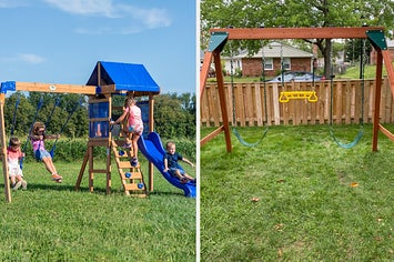 Swing set with kids playing on left, reviewer image of simple swing set on right