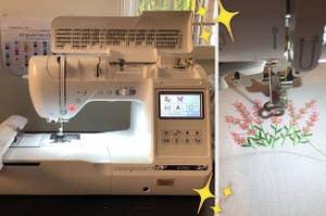 Reviewer image of white embroidery machine with digital display screen, reviewer embroidering pink and green flowers on white fabric