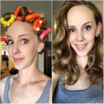 reviewer wearing a full head of curlers, and then big curls on the right