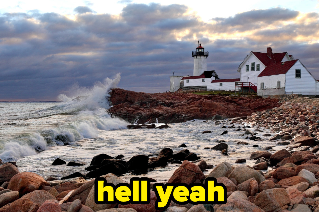 a lighthouse on the shore with caption, hell yeah
