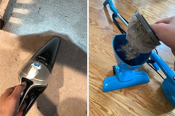 left: reviewer using handheld vacuum with LED light on a dirty carpet. right: reviewer lifting dust cup out of bright blue stick vacuum
