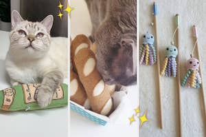 Reviewer's cat holding wine bottle-shaped toy, cat sniffing baguette-shaped toy, three wooden fishing rods with octopuses